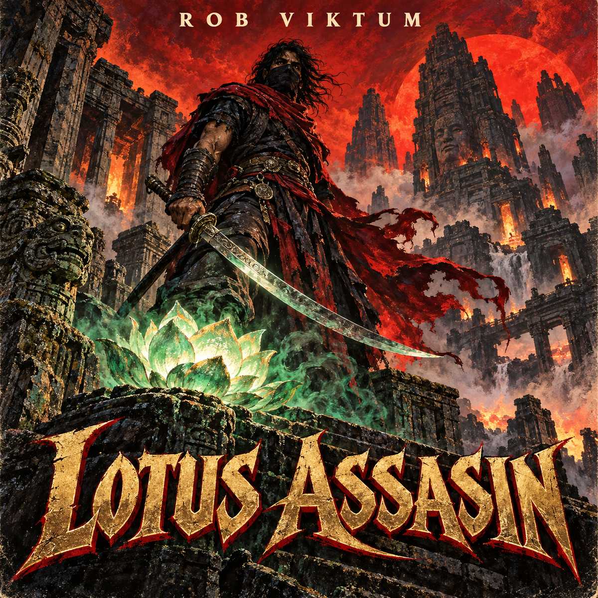 Painted fantasy action cover for Lotus Assasin by Rob Viktum: a masked swordsman in a ruined temple, a glowing jade lotus, and a crimson sky.